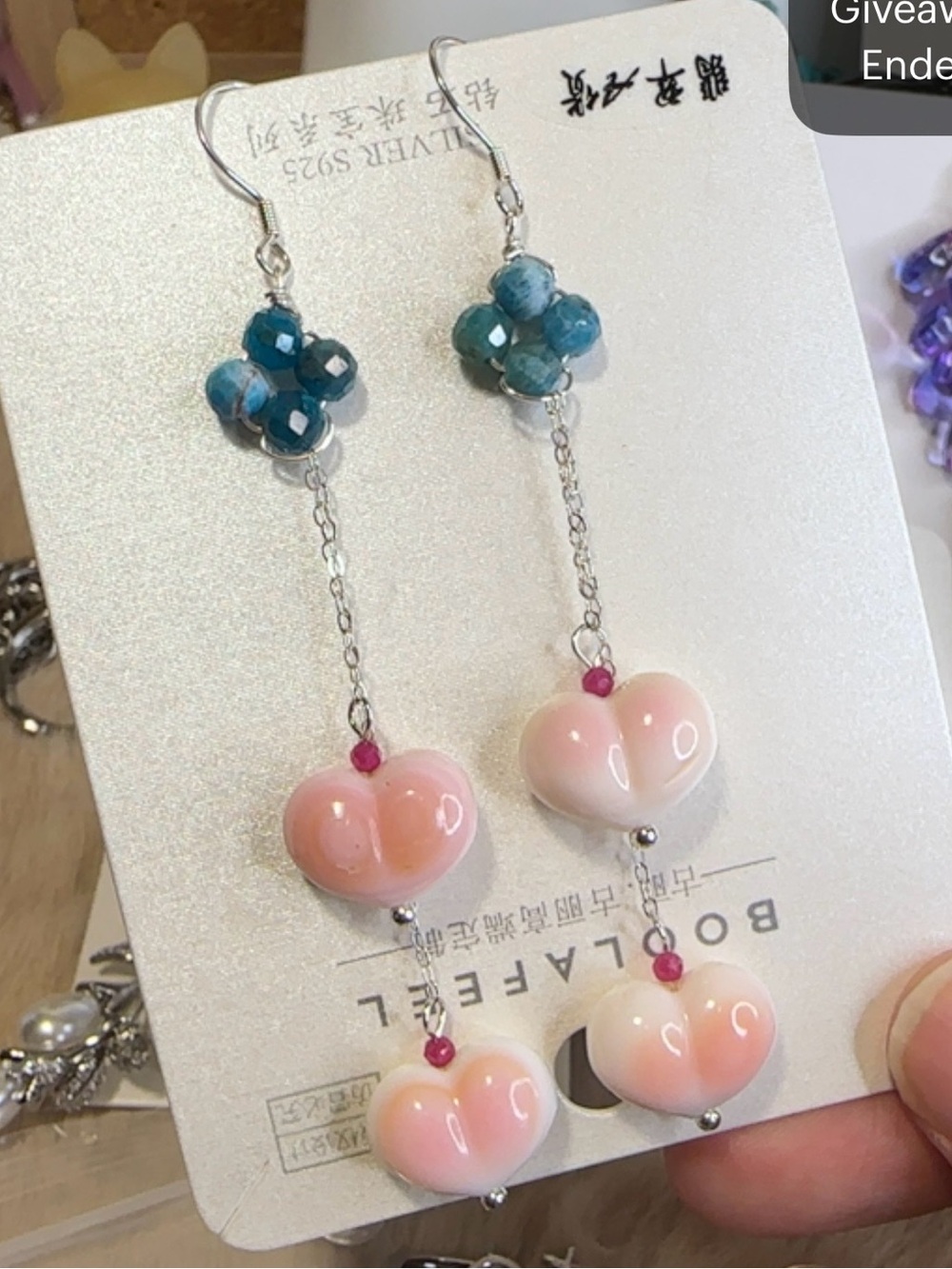 Elegant Peach Conch Shell & Natural Stone Sterling Silver Long Earrings